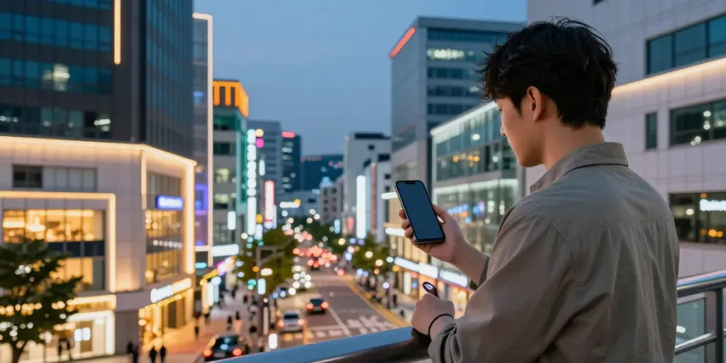 세종OP 서비스를 찾는 남성이 세종시의 아름다운 도시 풍경에서 스마트폰을 들고 있는 모습