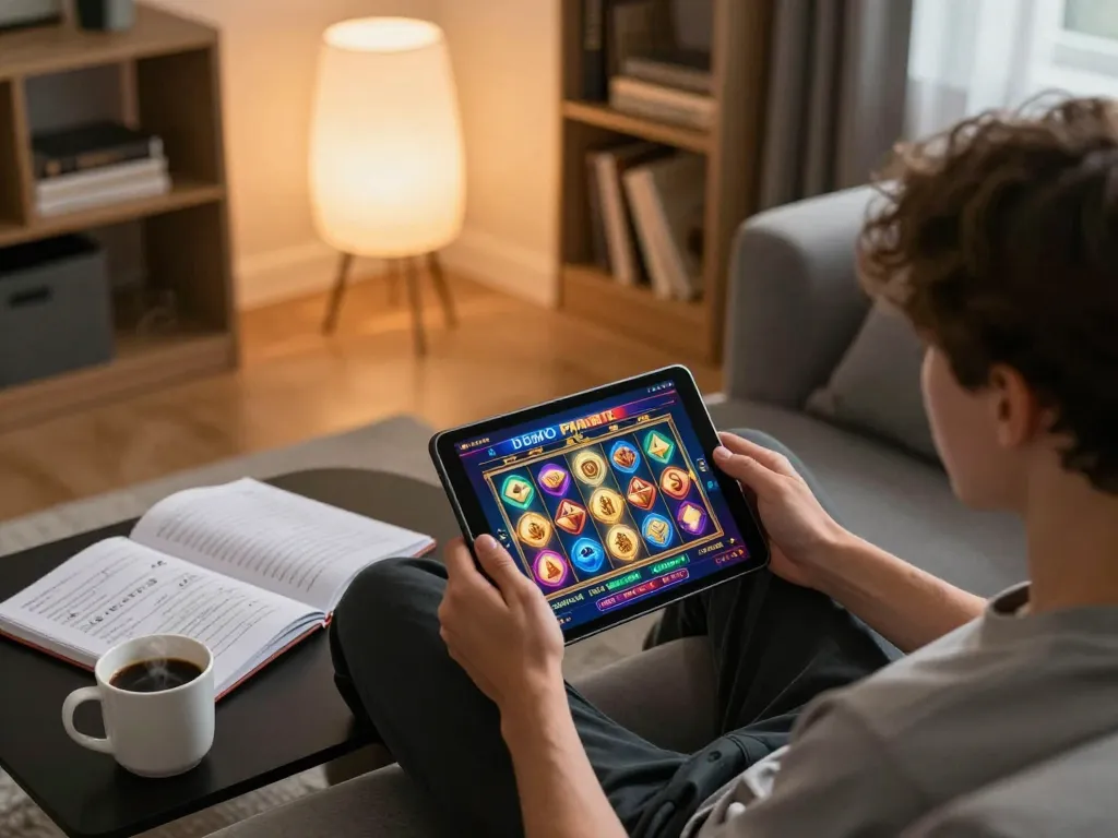 Enjoying the Demo Slot Pragmatic on a tablet while seated on a cozy sofa in a well-lit living room.