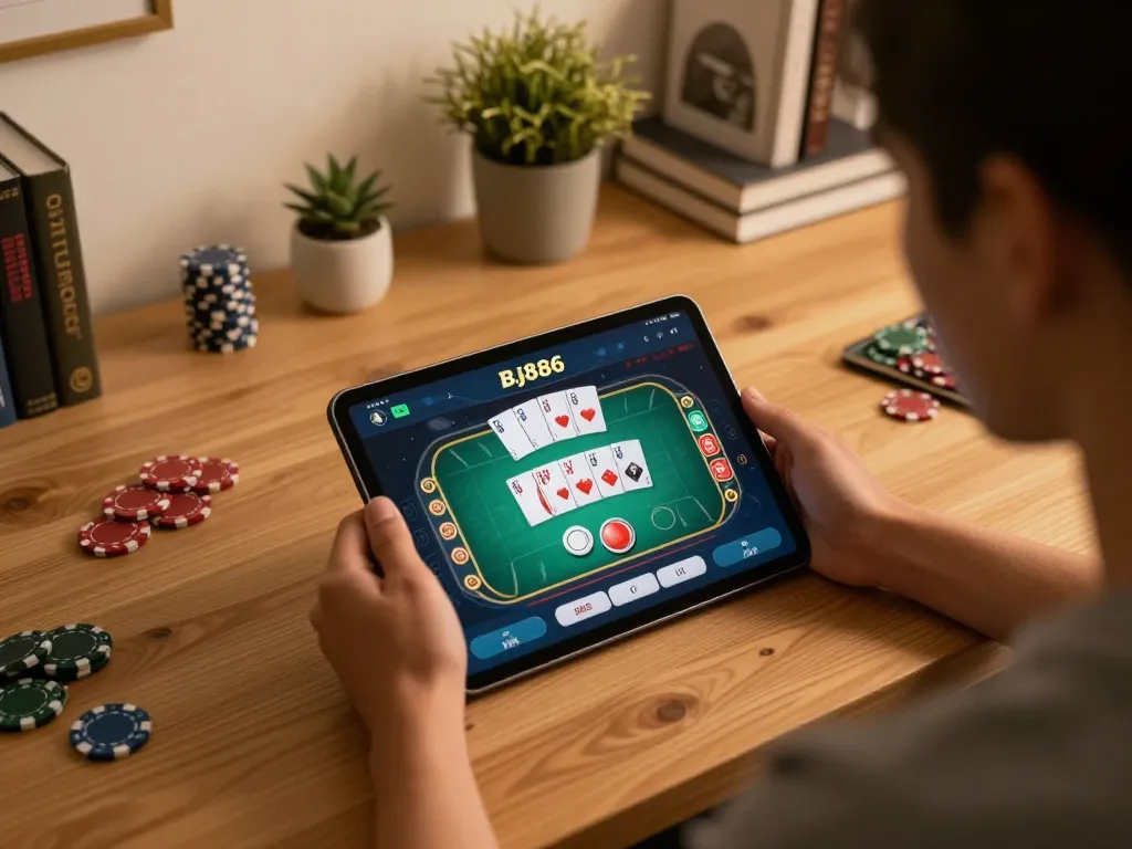 Player actively engaging in bj886 online casino gameplay on tablet in a cozy home setting.