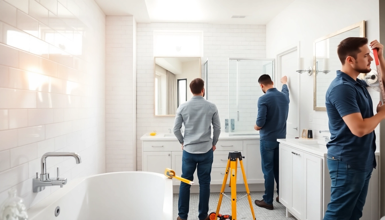 Bathroom installers renovating a stylish bathroom with modern fixtures and tools.