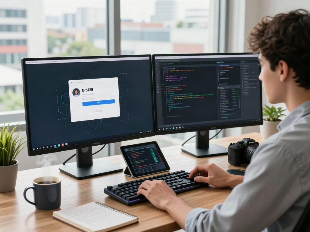 Engaged professional performing bro138 login at a dual-monitor tech workspace, showcasing an organized and productive environment.