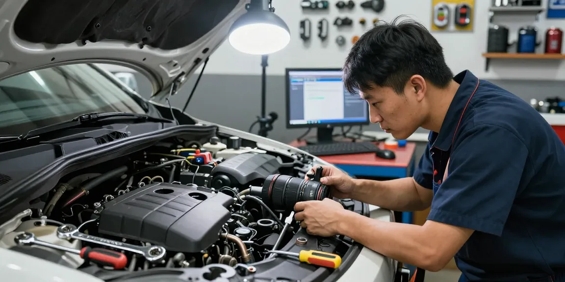 Mechanic performing diagnostics on a car engine in a busy automotive repair shop, showcasing expert car repair services.