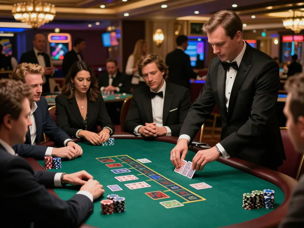 cm88-t1 players strategizing at a blackjack table in a luxurious casino setting