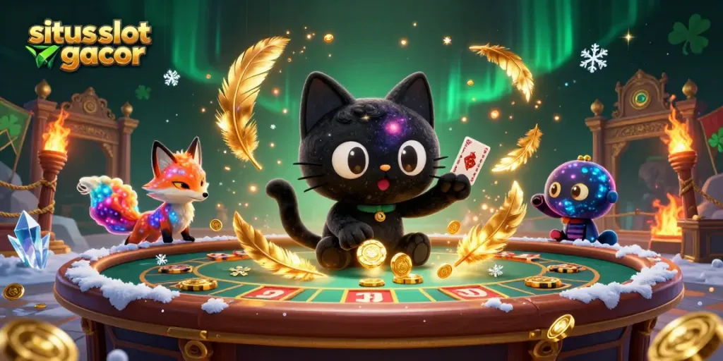 Menangkan jackpot di situs slot gacor dengan ilustrasi kasino berjalan menarik dan karakter unik.