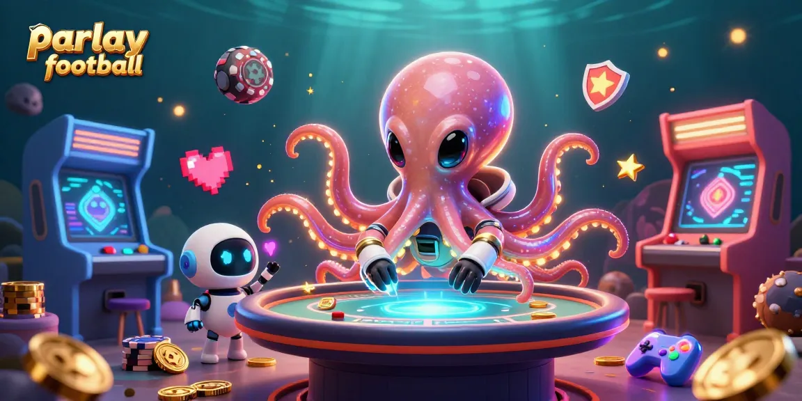 Engage in parlay football betting with an alien octopus and robot at a futuristic poker table.