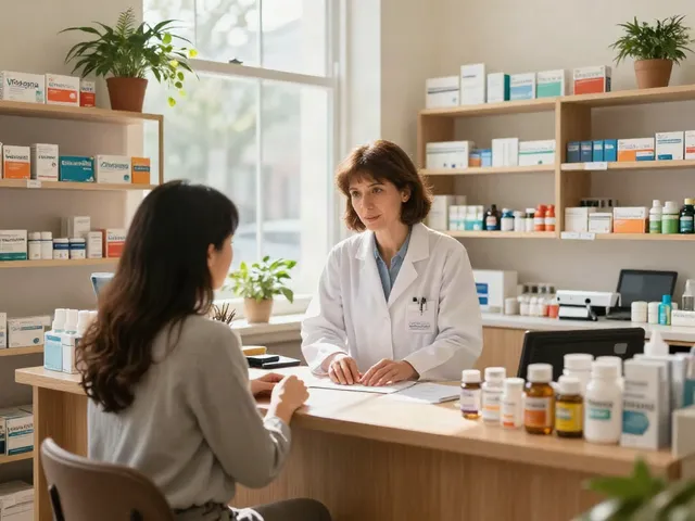 Pharmacist discussing Viagra with a patient in a welcoming pharmacy.