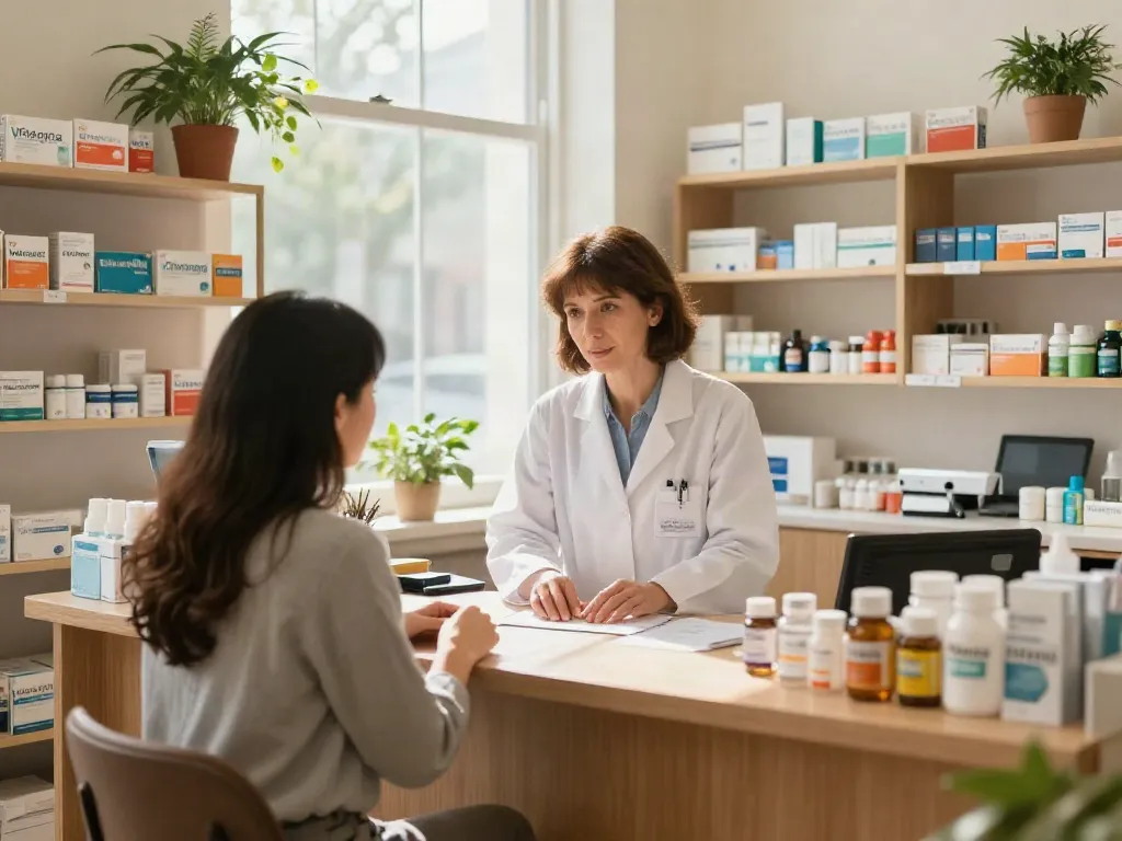 Pharmacist discussing Viagra with a patient in a welcoming pharmacy.