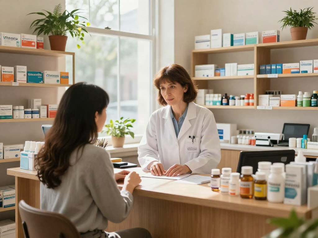 Pharmacist discussing Viagra with a patient in a welcoming pharmacy.