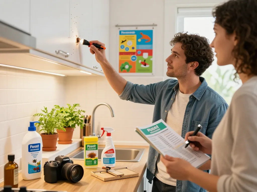 Pest control tips in action as a homeowner inspects cabinets for pests using a flashlight and manual.