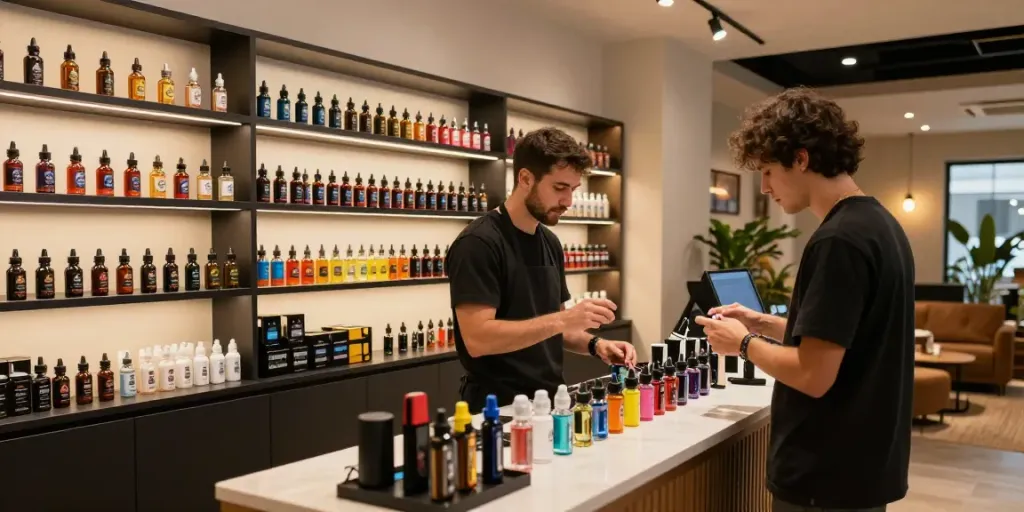 Vibrant display of e-liquid vape juice in a welcoming vape shop with staff assisting customers.