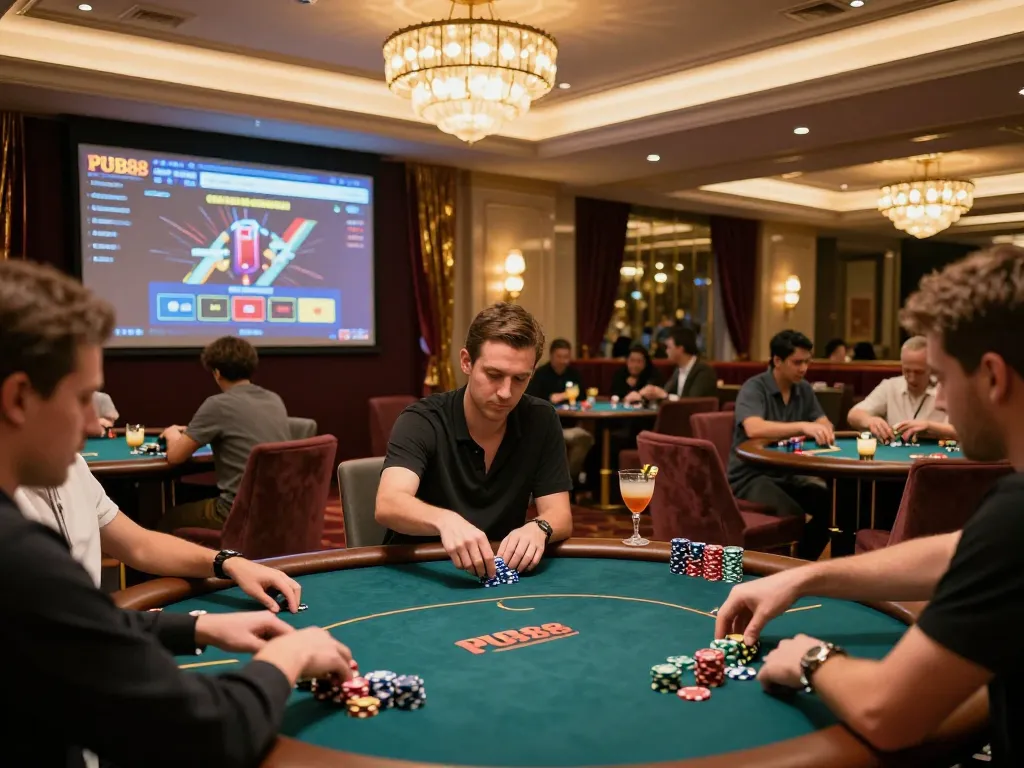 PUB88 players enjoy a strategic poker game in an elegant lounge with upscale decor and warm lighting