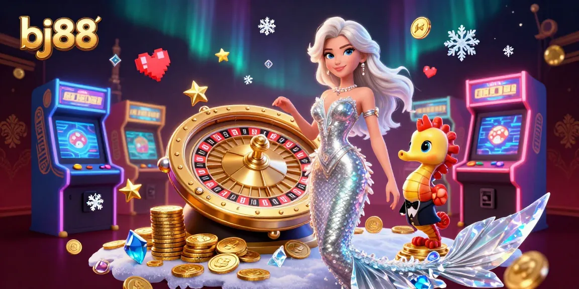 Experience thrilling entertainment at bj88 with a stunning woman beside a golden roulette wheel and colorful gaming elements.