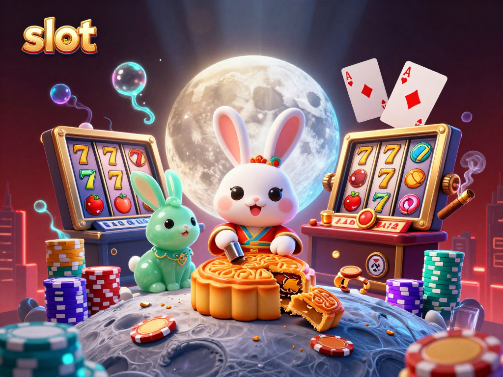 Menangkan slot dengan ilustrasi kelinci bulan yang menumbuk kue bulan di permukaan bulan.