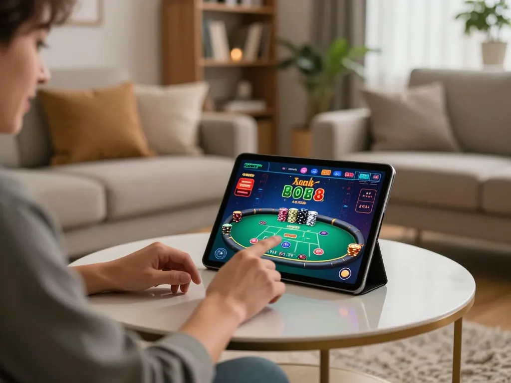 Engaging scene on Trang chủ Bet88 showcasing live casino betting on a tablet in a cozy living room