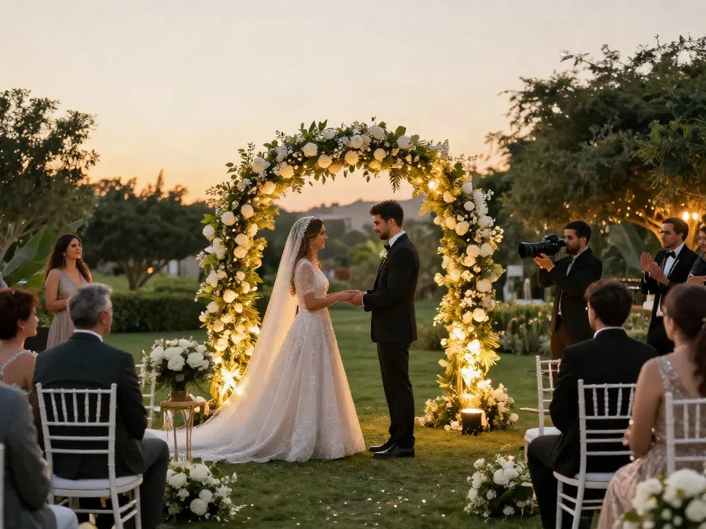 Outdoor wedding setup showcasing event rental KSA with floral arch and elegant seating.