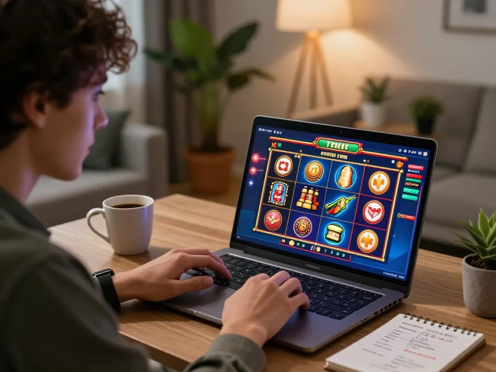 Engaged player enjoying online slots at home with slot-gacor2026 interface on laptop