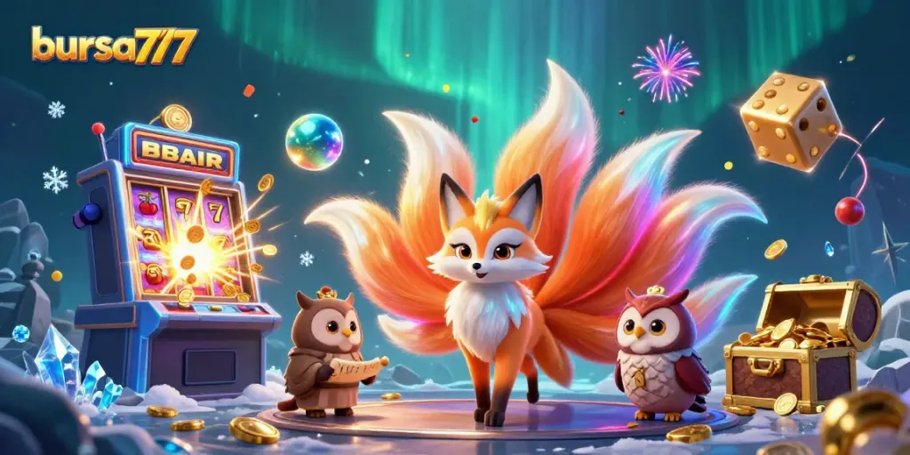 Permainan slot bursa777 yang menegangkan dengan jackpot dan ornamen kasino berwarna-warni