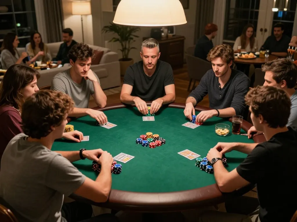 Players strategizing during a g28-t1 poker game at home, showcasing excitement and competition.
