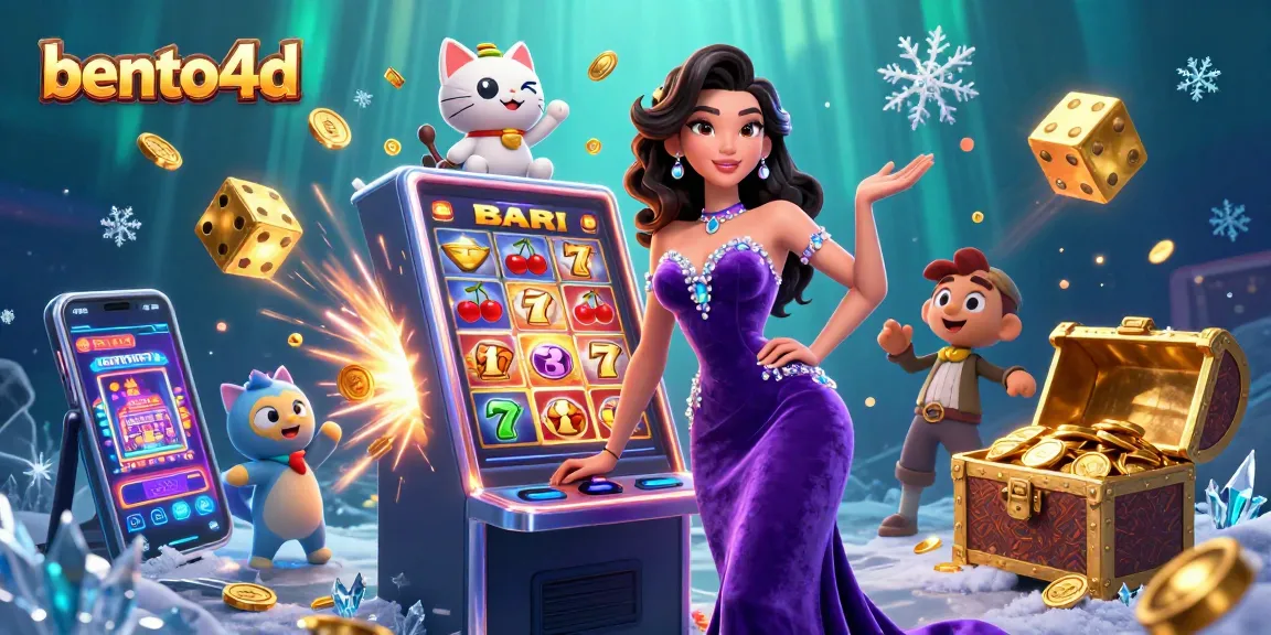 Terlibat dalam permainan mendebarkan dengan bento4d saat seorang wanita glamor bersandar pada mesin slot jackpot.