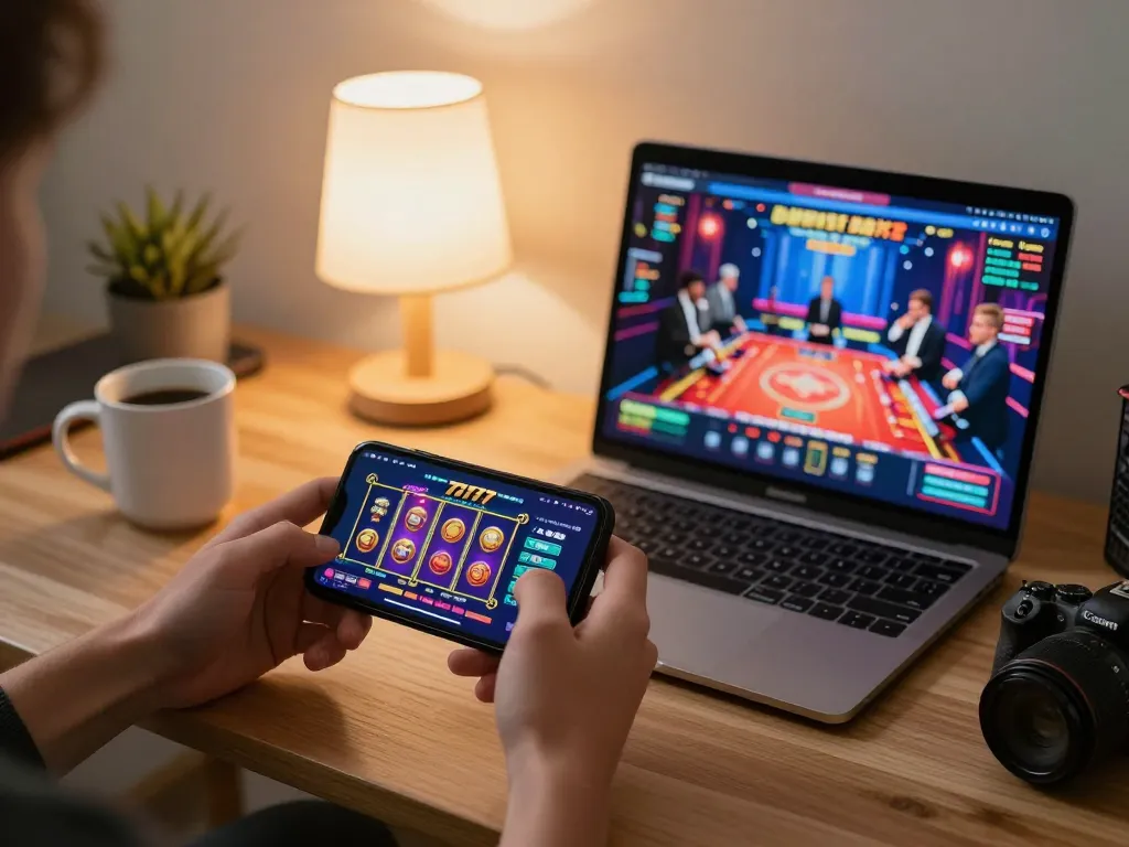 Engage with slot77 action on mobile and laptop, showcasing an inviting online gaming scene.