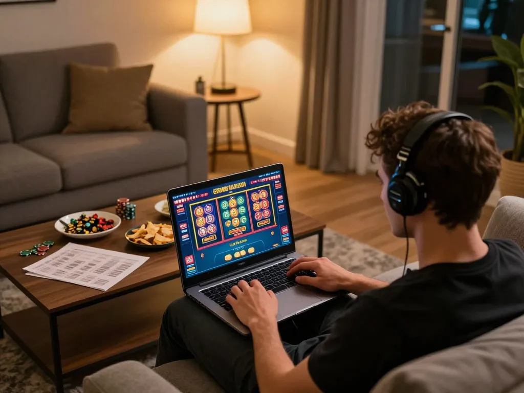 Engaging in สล็อตทดลอง at home, enjoying online gaming with a comfortable setup.