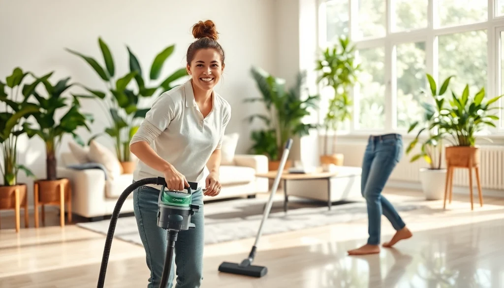 Cleaning Service team working diligently in a bright living room, showcasing professionalism and organization.