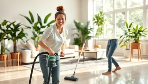 Cleaning Service team working diligently in a bright living room, showcasing professionalism and organization.