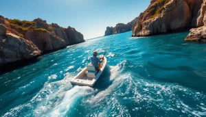 Angler enjoying wahoo fishing Cabo San Lucas, casting into vibrant turquoise waters.