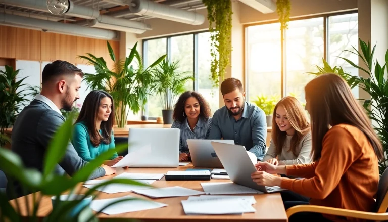 Collaborative team discussing small business jobs in a bright, modern office setting.
