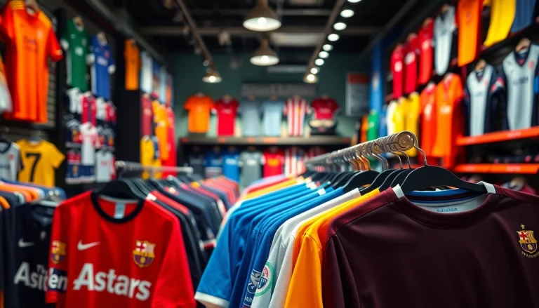 Shop for discount football shirts showcasing vibrant designs and affordable prices in a lively store.