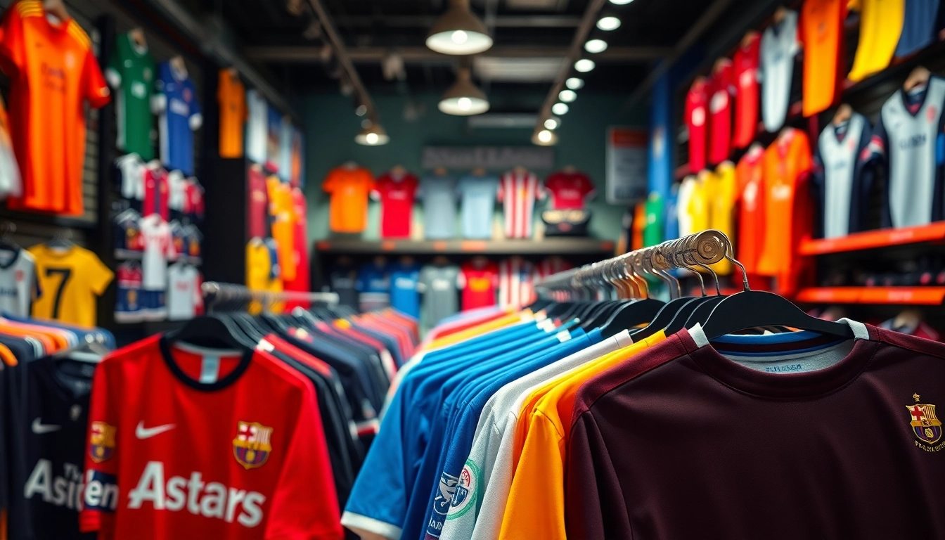 Shop for discount football shirts showcasing vibrant designs and affordable prices in a lively store.