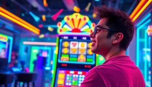 Permainan pakde4d slot dengan mesin slot yang berwarna cerah dan simbol mata uang.