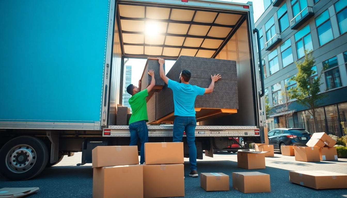 Toronto movers efficiently loading furniture into a truck in a well-lit urban setting.