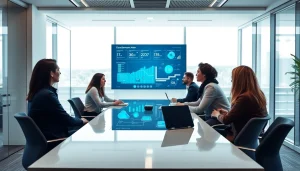 Cloud Services Tampa professionals collaborating in a modern office with digital interfaces.