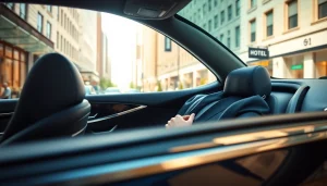 Offering Chauffeur Services Nottingham, a professional chauffeur adjusts his tie near a luxury car.