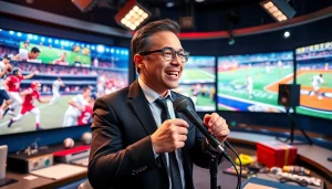 스포츠중계를 전달하는 방송인과 다양한 스포츠가 화면에 나타나는 모습