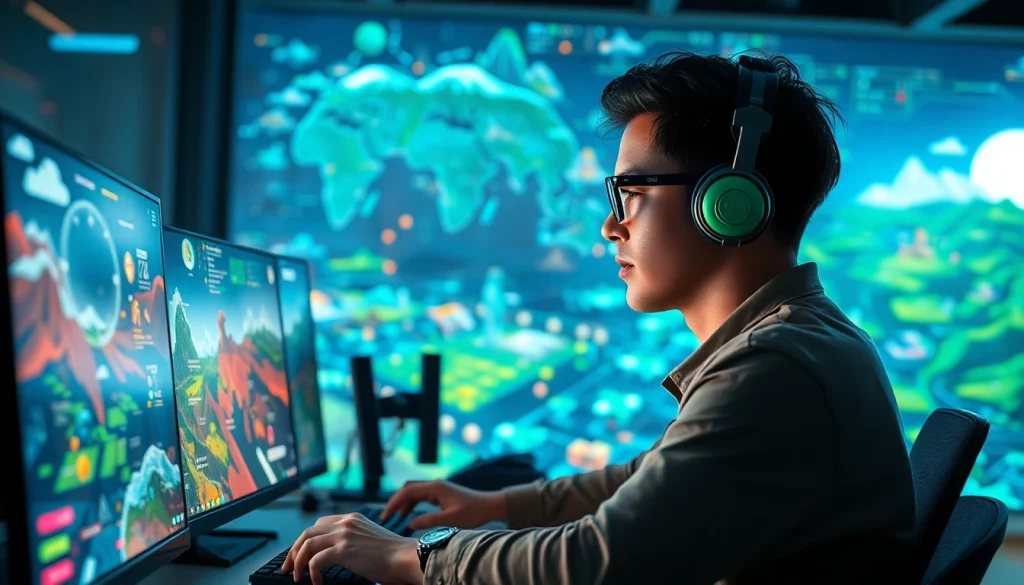 Design an immersive game creation scene centered on Freedom X technology, showcasing vibrant virtual landscapes and developer engagement.