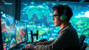 Design an immersive game creation scene centered on Freedom X technology, showcasing vibrant virtual landscapes and developer engagement.