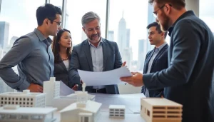 New York Construction Manager consulting with a team in a professional office setting.