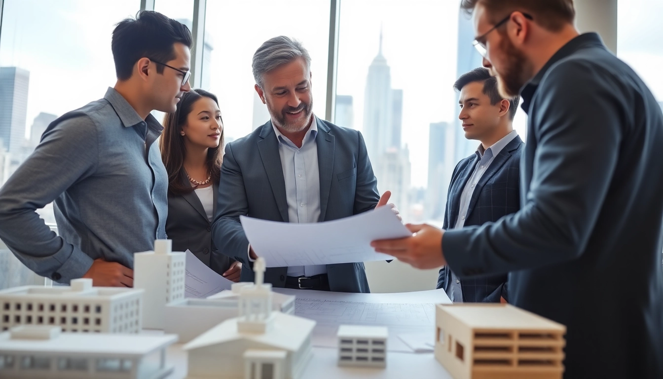 New York Construction Manager consulting with a team in a professional office setting.