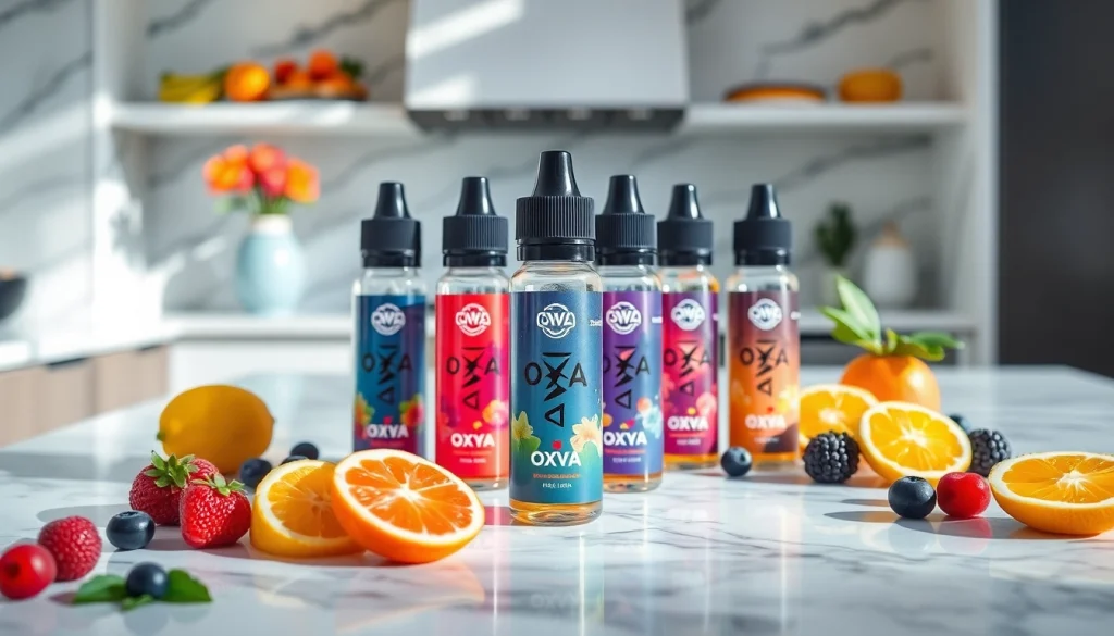 Oxva Liquid Flaschen auf einem marmorierten Tisch mit frischen Früchten präsentieren