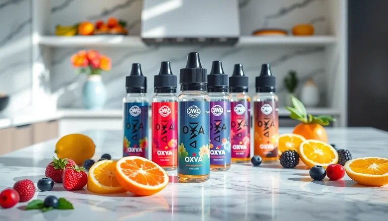 Oxva Liquid Flaschen auf einem marmorierten Tisch mit frischen Früchten präsentieren