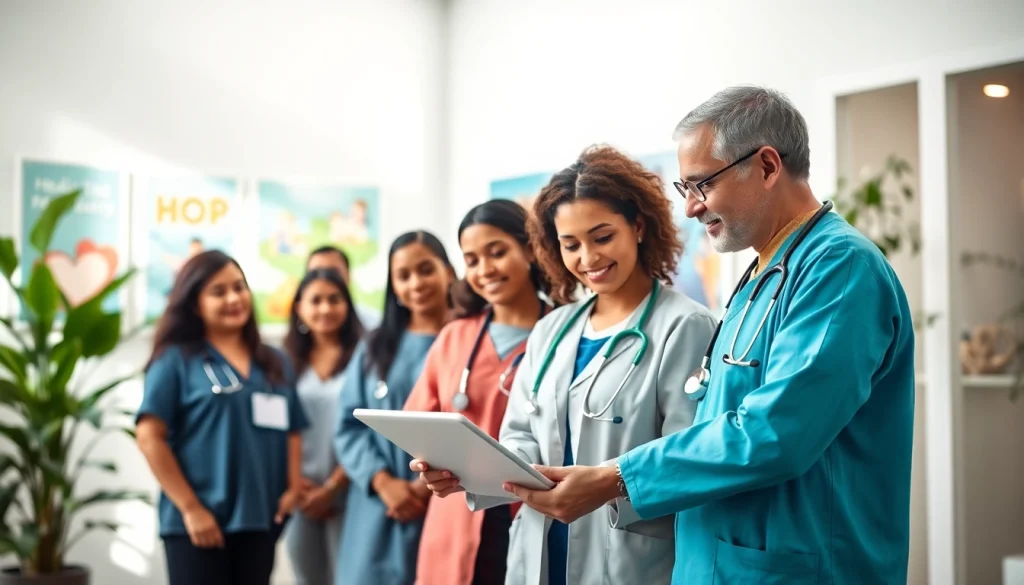 Healthcare professionals discussing patient health in a bright clinic, emphasizing Health collaboration.