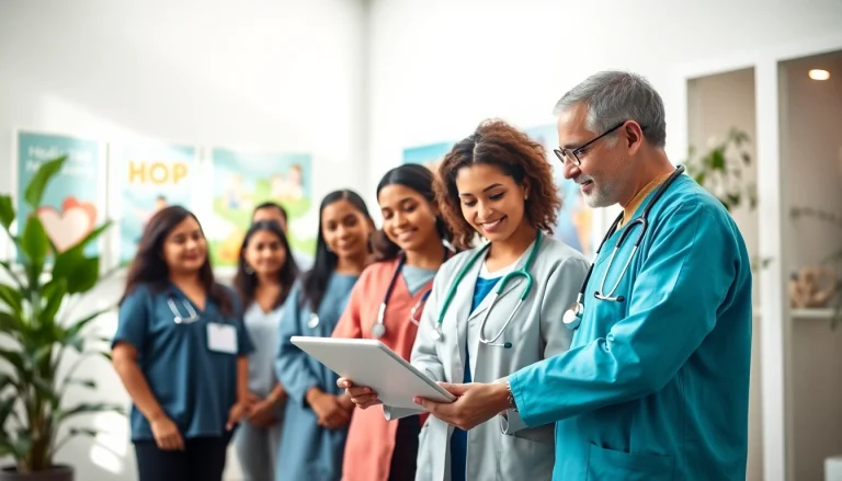 Healthcare professionals discussing patient health in a bright clinic, emphasizing Health collaboration.