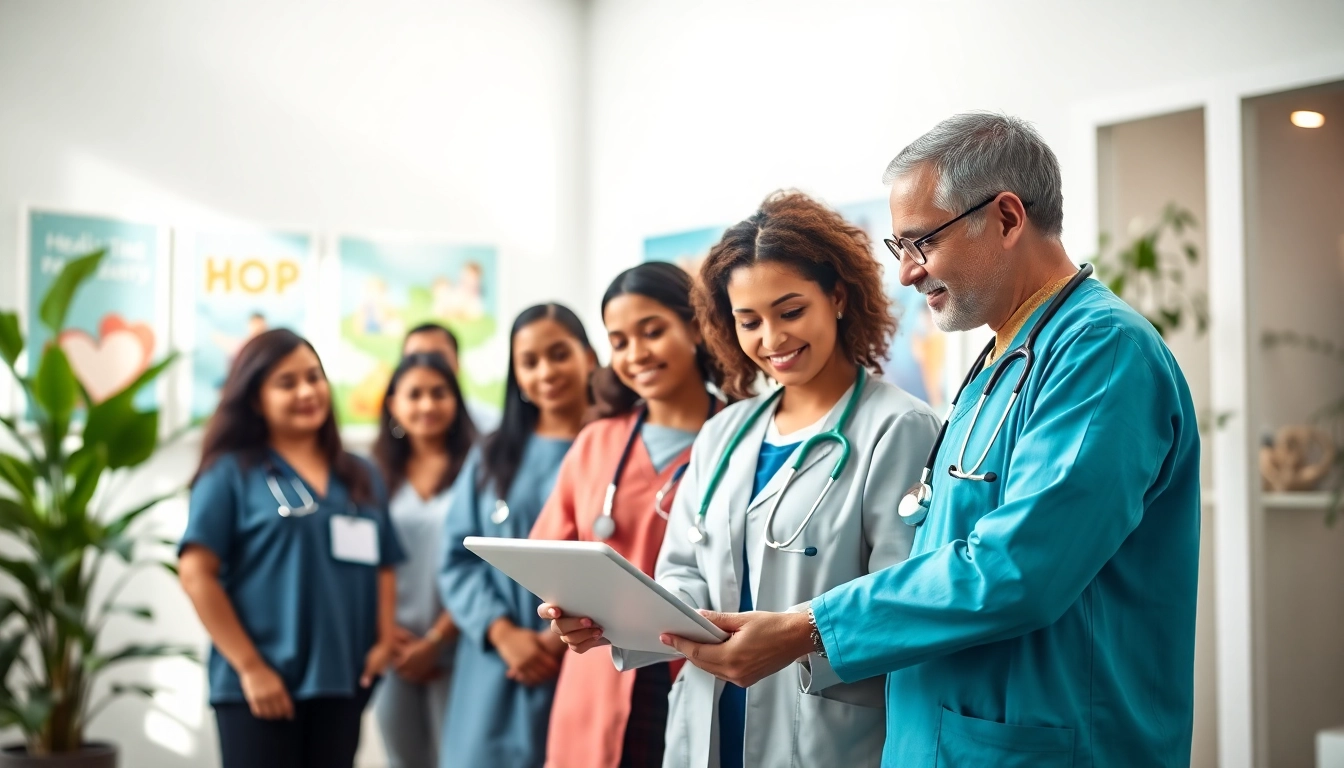 Healthcare professionals discussing patient health in a bright clinic, emphasizing Health collaboration.