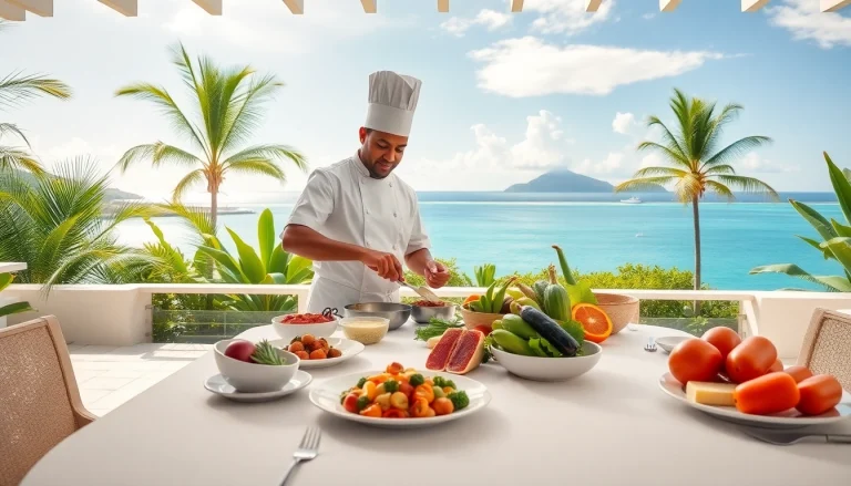 St Martin Private Chef showcasing culinary skills in a luxurious villa setting with vibrant Caribbean decor.