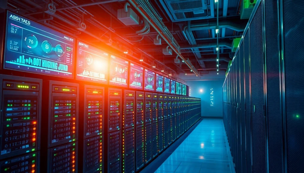 Bitcoin mining operation showcasing advanced ASIC miners in a high-tech data center.