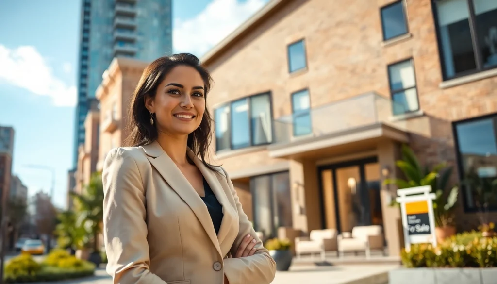 Engaging real estate agent presenting a stunning property to buyers in a vibrant urban environment.