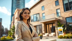 Engaging real estate agent presenting a stunning property to buyers in a vibrant urban environment.