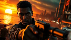 Character Orlando Black from Bayside Boom displaying intense action sequence amidst urban chaos.